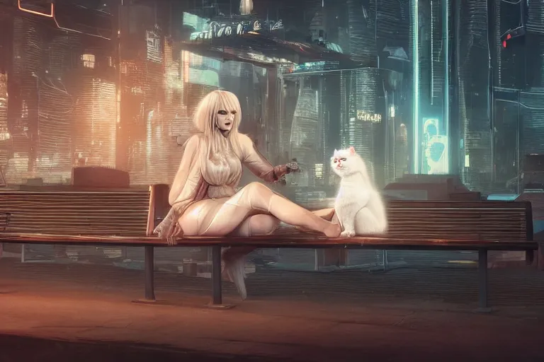 Image similar to a blonde woman with a ragdoll cat sitting next to each other on a bench, cyberpunk art by mike winkelmann, trending on cgsociety, retrofuturism, reimagined by industrial light and magic, darksynth, sci - fi