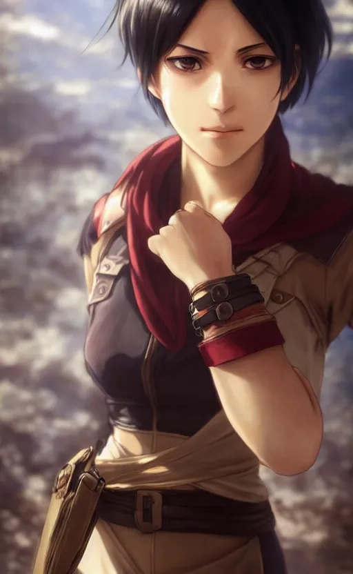 Image similar to mikasa ackerman, hero pose, medium shot, bokeh, beautiful face!!!!, 2 7 years old, cg animation, lifelike, animated, realistic, character select portrait, by artgerm, greg rutkowski, alphonse mucha, 3 d