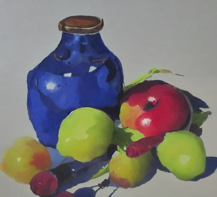 Image similar to a beautiful still life painting by a first-year art student; extraordinary masterpiece!!!!!