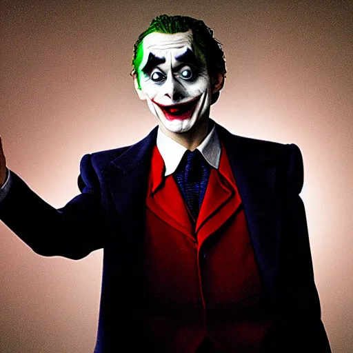 Image similar to mr. bean as the joker. movie still. cinematic lighting.