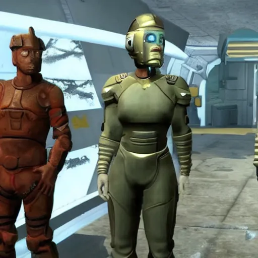 Image similar to still film from a star voyager episode, season 4, set in the bethesda game studios fallout universe.