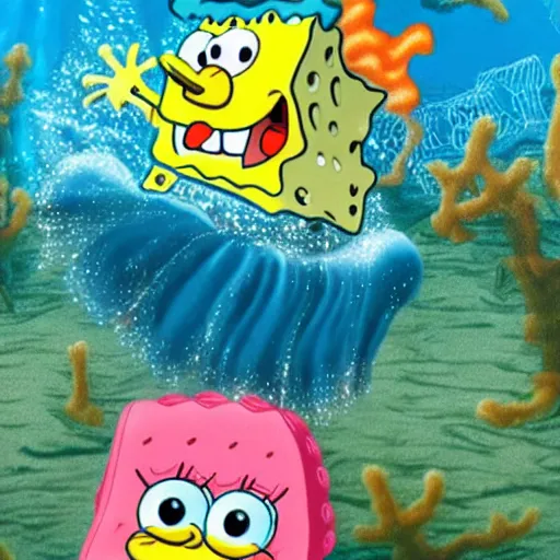Prompt: SpongeBob catching jellyfish, beautiful beautiful beautiful beautiful beautiful