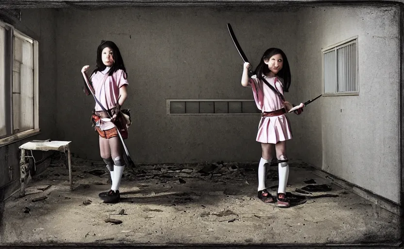 Image similar to School girl holding a katana and standing on an abandoned hospital room, by Robert Venosa