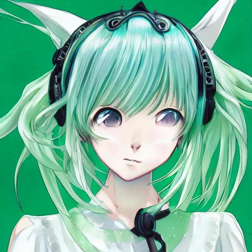 Image similar to hatsune miku short hair, anime style, hyper detailed, light green dress, illustration, digital painting, high delicate defined details, anime stylized, highly detailed, realistic, sharp focus