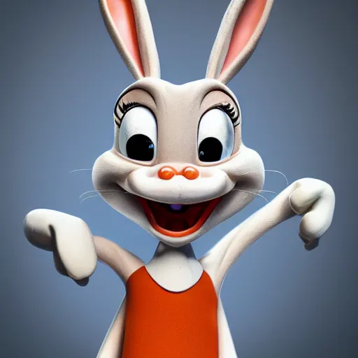 Image similar to high quality hyperrealistic finely detailed professionally photographed photo of a realistic horrifying Bugs Bunny smiling, 50 mm