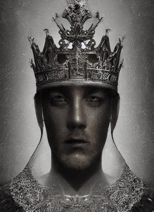 Image similar to portrait of king arthur knight with a crown with engravings, studio portrait against a black background, modern fine art, fractal, intricate, elegant, highly detailed, digital photography, subsurface scattering, in the style of ghost, by jheronimus bosch and yue minjun and giger and greg rutkowski,