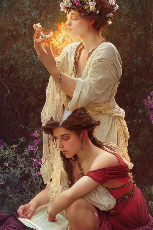 Prompt: beautiful natural renaissance gypsy reading another woman\'s palm, intricate, elegant, highly detailed, digital painting, artstation, concept art, smooth, sharp focus, illustration, art by artgerm and greg rutkowski and alphonse mucha