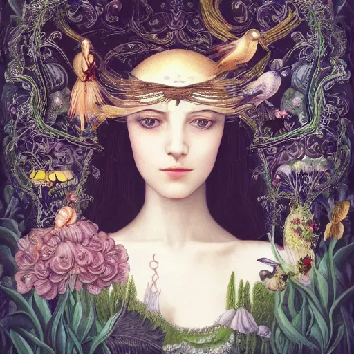 Prompt: a detailed intricate portrait of young woman in renaissance dress and a surreal renaissance headdress, very surreal garden, cyberpunk, filigree, surreal tea party, birds, nature, strange creatures, by christian schloe and botticelli, naotto hattori, amy sol, roger dean, moody colors