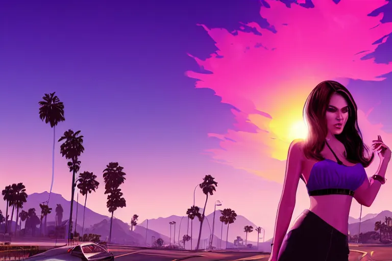 Prompt: a stunning GTA V loading screen with a beautiful woman with ombre hairstyle in purple and pink blowing in the wind, outrun, vaporware, palm trees, retro, beautiful sky with cumulus couds, golden ratio, digital art, trending on artstation