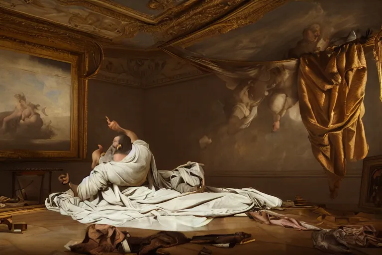 Prompt: a beautiful baroque painting of a man folding his laundry while standing in a huge bedroom, cinematic, octane render, oil on canvas, in the style of the great ceiling painting by Michelangelo and Caravaggio, Flickr, CryEngine