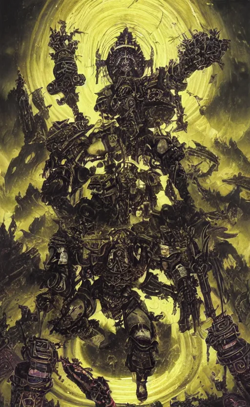 Image similar to epic omnious academic drawing of a heroic but corrupted wh40k heretic marine having his consciousness uploaded into iridescent warp by Slaanesh his Highness the chaotic androgynous deity in solemn golden and marble slaaneshite temple by James Gurney, Zdislaw Beksinski, Alex Gray, Greg Rutkowski, Robert McCall