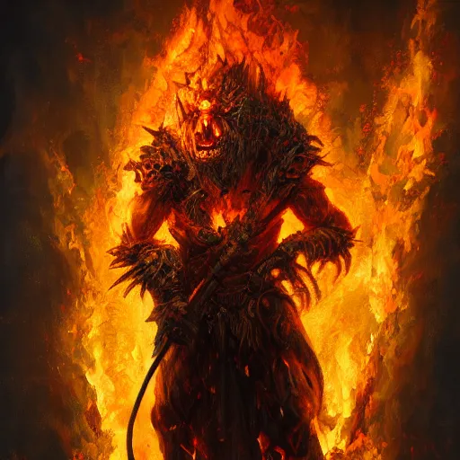 Prompt: an oil painting of an orcish paladin engulfed in flames, fantasy art, 4k, HDR, photorealistic, 8k