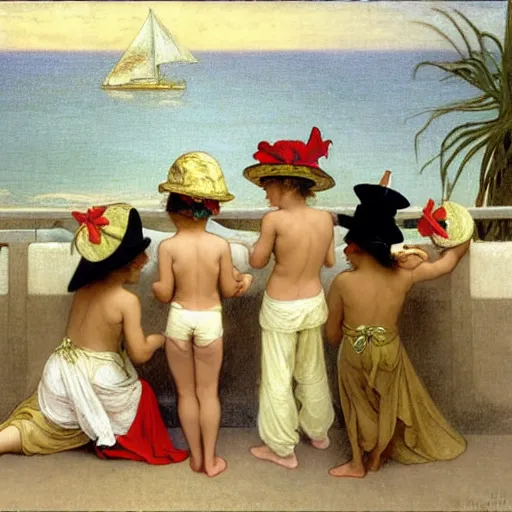 Image similar to Children with jester hats and clothes forming a circle on the front of a Balustrade with a beach and a sail boat on the background, major arcana cards, by paul delaroche, alphonse mucha and arnold böcklin arnold böcklin hyperrealistic 8k, very detailed