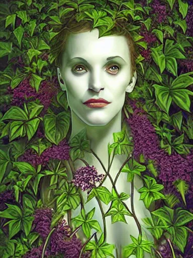 Prompt: The Hanging-Gardens of Pareidolia, lobelia, ivy, verbena and pothos growing facial features and optical-illusions!!!!!, aesthetic!!!!!, by Chris Tulloch McCabe in the style of Gerald Brom,