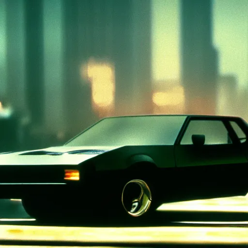 Prompt: muscle car in crowded cityscape, blade runner (1982), shallow depth of field medium shot, award winning, gritty, god rays