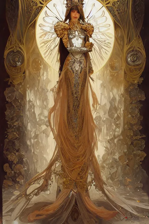 Image similar to full body portrait of a queen wearing white armor with ornate bronze and gold, white gossamer wings, art nouveau, profile, 4K, character concept art, oil painting, trending in artstation, cgsociety, by nekro, Alphonse Mucha, Brom, Artgerm