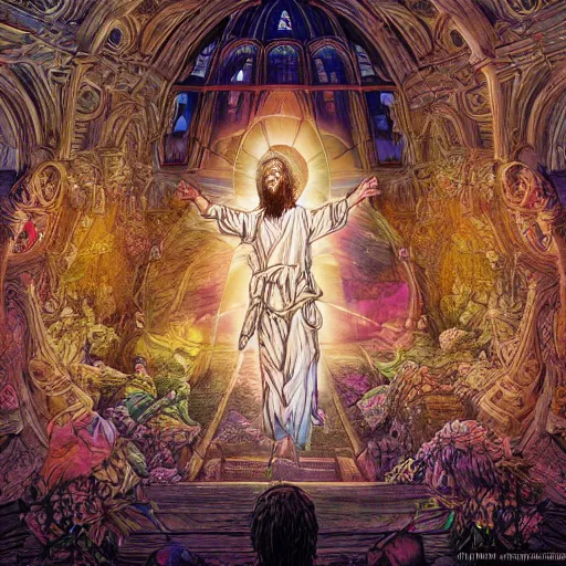 Image similar to the transfiguration of jesus christ, an ultrafine hyperdetailed illustration by kim jung gi, irakli nadar, intricate linework, bright colors, octopath traveler, final fantasy, unreal engine 5 highly rendered, global illumination, radiant light, detailed and intricate environment