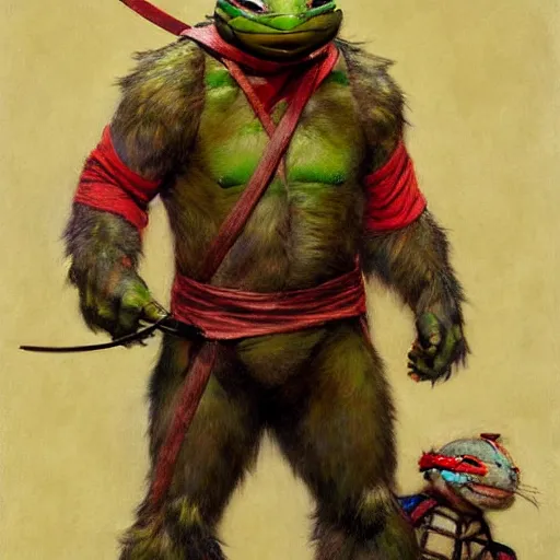 Image similar to a portrait of a furry splinter ninja turtles wearing a red kimono, hairy, furry body, furry arms, feet, tail. highly detailed painting by gaston bussiere, craig mullins, j. c. leyendecker, furry