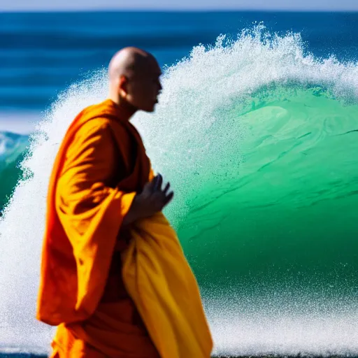 Image similar to Photograph of a zen monk surfing a giant wave on a summer day, natural light, telephoto lens, 4k image, Canon EOS