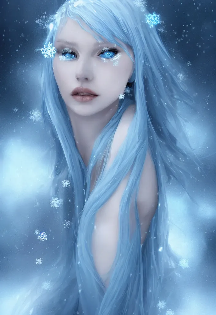 Prompt: a stunningly beautiful woman with pale blue hair wearing a dress made out of snowflake in the middle of a snowstorm. award - winning digital art, trending on artstation