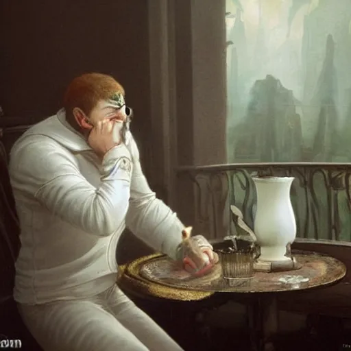 Image similar to nemesis from resident evil sits on a chair behind a coffee salt on a summer veranda and holds in his hand a small porcelain cup with tea from which steam comes out, in the stylization of romanticism paintings, detailed facial proportions