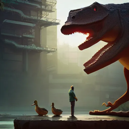 Prompt: a duck standing in front of a hungry dinosaur intricate artwork by Tooth Wu and wlop and beeple and Dan Mumford. Octane render, trending on artstation, greg rutkowski very coherent symmetrical artwork. Cinematic, hyper realism, high detail 8k