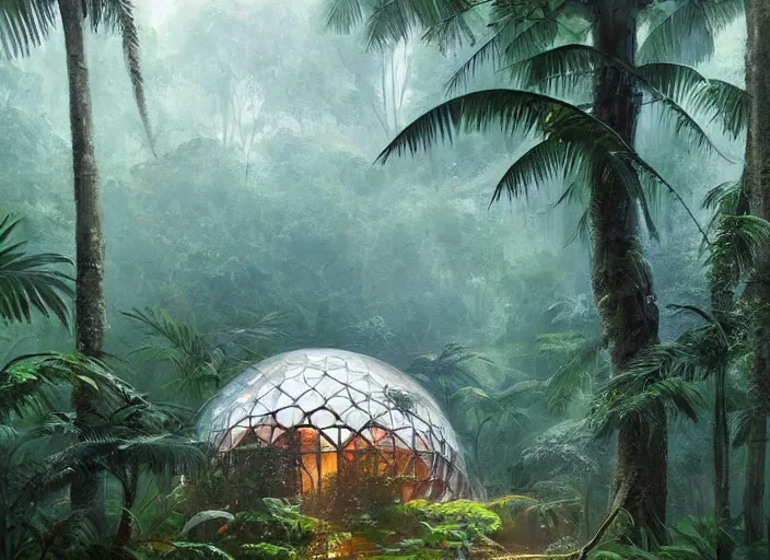 Image similar to a beautiful painting of a geodesic house in a moist tropical rainforest, by greg rutkowski, realism, artstation, nature