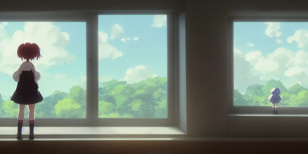 Prompt: a wholesome animation key shot of a focused lo-fi girl looking out the window, medium shot, waist up, studio Ghibli, Pixar and Disney animation, sharp, Rendered in Unreal Engine 5, anime key art by Greg Rutkowski, Bloom, dramatic lighting