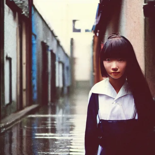 Image similar to 1990s perfect 8K HD professional cinematic photo of close-up japanese schoolgirl posing in sci-fi dystopian alleyway at morning during rain, at instagram, Behance, Adobe Lightroom, with instagram filters, depth of field, taken with polaroid kodak portra