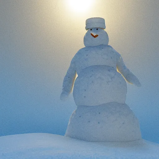 Image similar to snowman forming a man-like sculpture from snow on a snow-covered hillock, late evening, photorealistic image cinematic lighting, photo realistic image, 4K, super detailed, cinematic look, H 1024