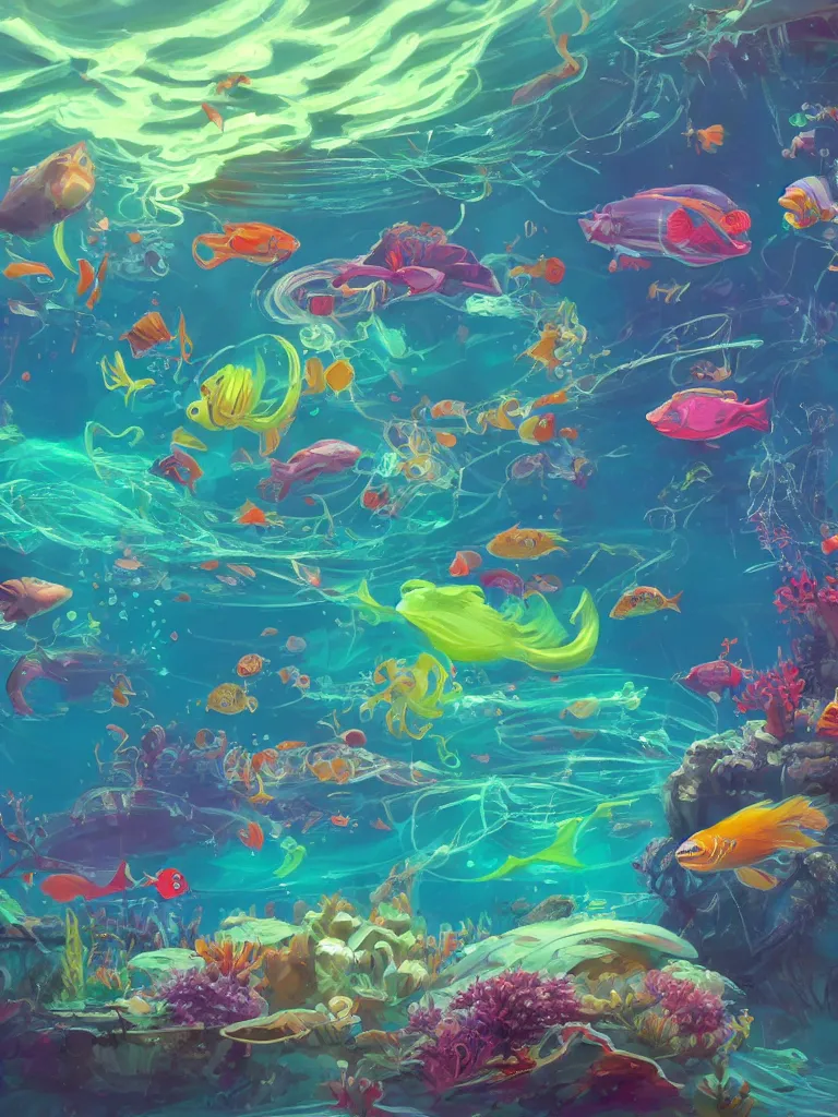 Image similar to neon fish under water by disney concept artists, blunt borders, rule of thirds