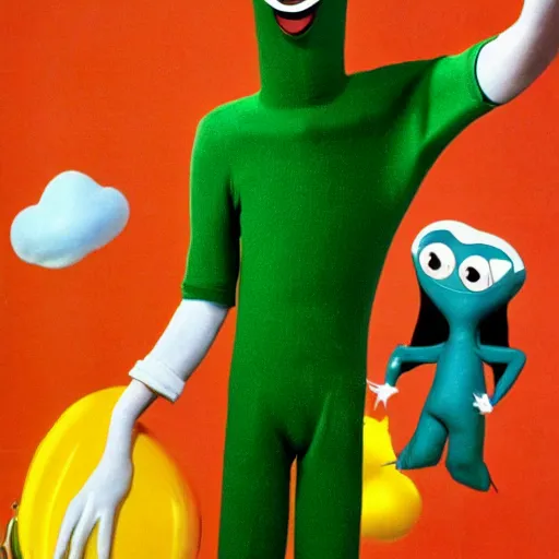 Image similar to Gumby with a long prosthetic nose 1977 wacky live-action childrens show technicolor film