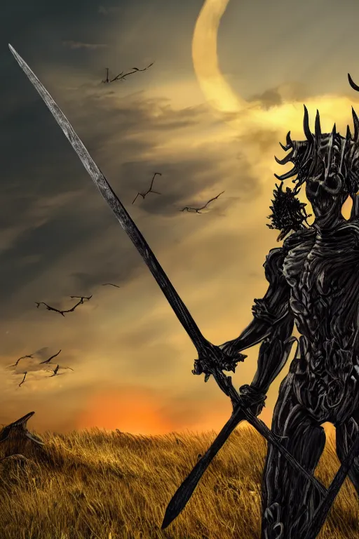 Image similar to photorealistic full body fantasy portrait of death holding a scythe, and wearing a full suit of draconic armor standing on a hill on a sunset, dynamic lighting, photorealistic, 8k, cinematic, stunning, and beautiful scenery