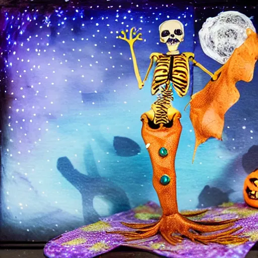 Image similar to stop motion bipedal halloween skeletal eel skeleton fantasy mermaid with a boney fish body, on a spray painted cardboard dock with a hand painted night sky full of led glittery stars, adorable, side profile, macro camera lens