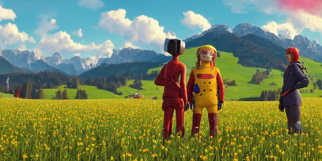 Prompt: a ultra photorealistic and sharp film still of an a sunny and colourful open field in 2 0 2 1 in the middle of the bavarian alps, germany. two colourful highly detailed cyborgs posing in the foreground. wide shot, wes anderson, studio ghibli, pixar and disney animation, octane render, anime key art by greg rutkowski, dramatic lighting, award winning photography