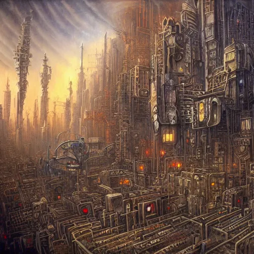 Image similar to painting of labyrinth cyberpunk metropolis in the style of steampunk by dan seagrave and tomasz alen kopera