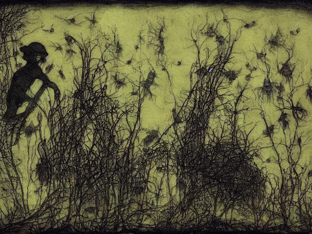 Prompt: the phosphorescent bug man haunting the caterpillars city by john bauer