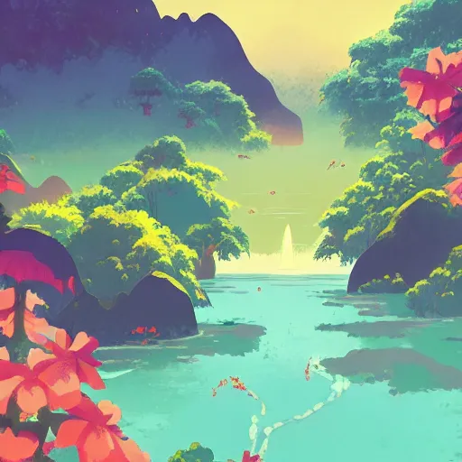 Prompt: landscape of an anime style with tropical flowers and volcanos, waterfalls bright colors, bird eye view, bove rule of thirds golden ratio, fake detail, trending pixiv fanbox, acrylic palette knife, style of makoto shinkai studio ghibli genshin impact james gilleard greg rutkowski chiho aoshima