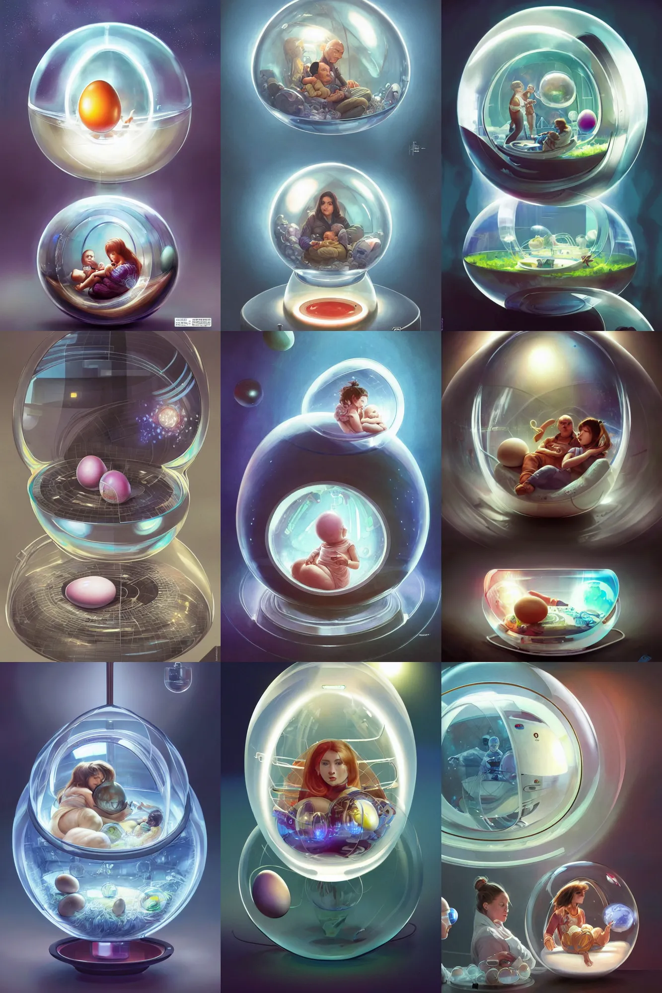 Prompt: high-tech egg with a baby inside, spherical egg incubator, futuristic medical bay, glass pipes with colorful liquids , DNA experiment, biopunk, sci-fi, futuristic, digital painting, concept art, smooth, sharp focus, illustration, matrix, art by artgerm and greg rutkowski and alphonse mucha and Pascal Blanché and Federico Pelat and Chris Foss and Alejandro Burdisio