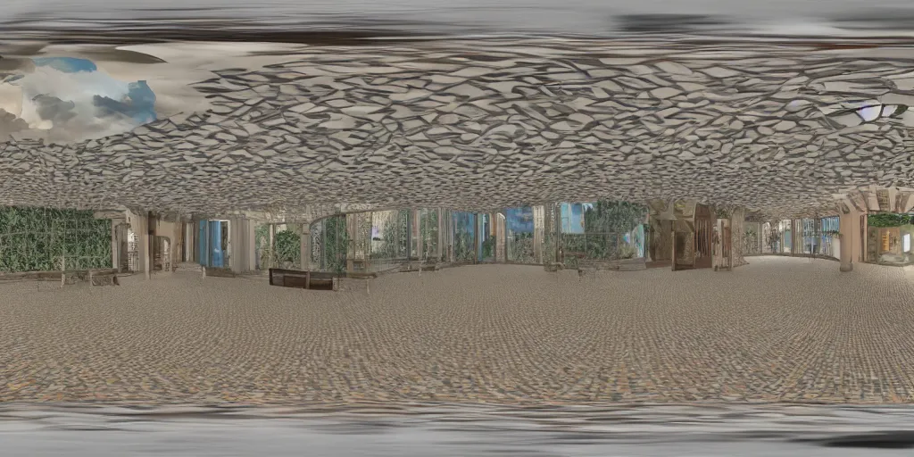 Prompt: seamless equirectangular projection of a 3 6 0 view inside a building made by gaudi