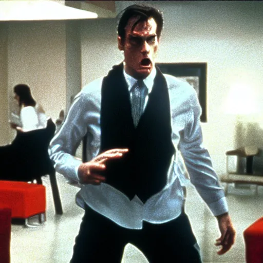 Prompt: T-Rex running in American Psycho (1999)