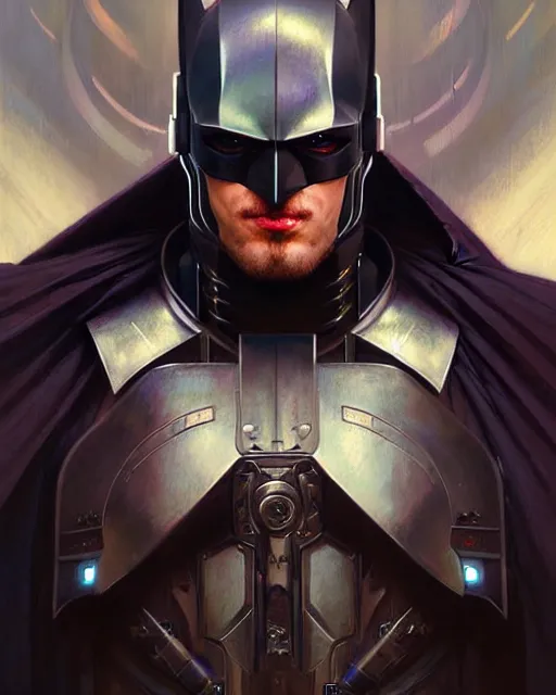 Prompt: portrait of a handsome cyberpunk knight batman, beautiful symmetrical face, fantasy, regal, by stanley artgerm lau, greg rutkowski, thomas kindkade, alphonse mucha, loish, norman rockwell.