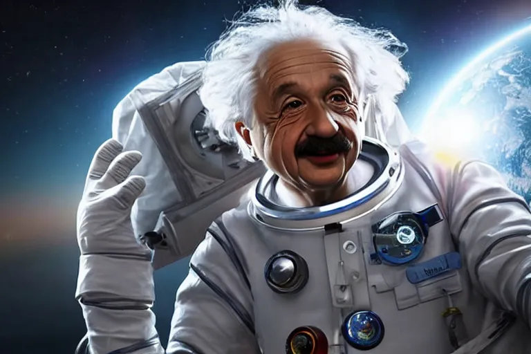 Prompt: still photo of albert einstein in spacesuit, highly detailed, photorealistic shot, bright studio setting, studio lighting, crisp quality and light reflections, unreal engine 5 quality render