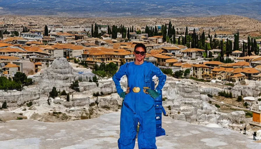 Prompt: a lush pamukkale high - tech city landscape with gold beautiful temples and royal blue mage wearing a space suit wondering around the luxurious street