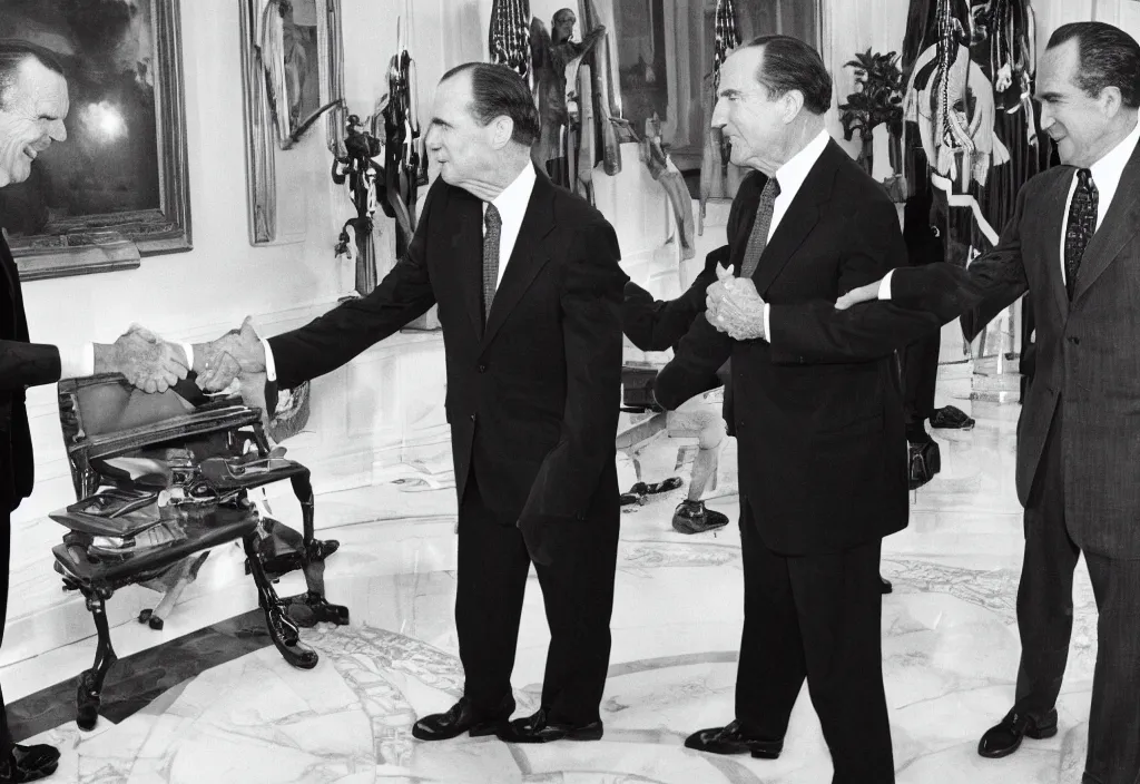 Image similar to high quality black and white photograph of TMNT Michaelangelo shaking hands with Richard Nixon at the White House