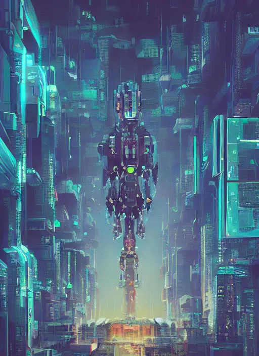 Image similar to a painting of a giant robot standing in front of a city, cyberpunk art by beeple art by james jean, behance contest winner, nuclear art, dystopian art, apocalypse art, sci - fi