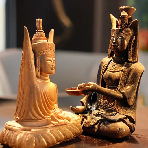 Image similar to guanyin having tea with anubis