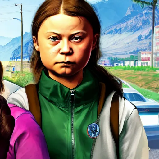 Prompt: Greta Thunberg, GTA v poster, badass looking