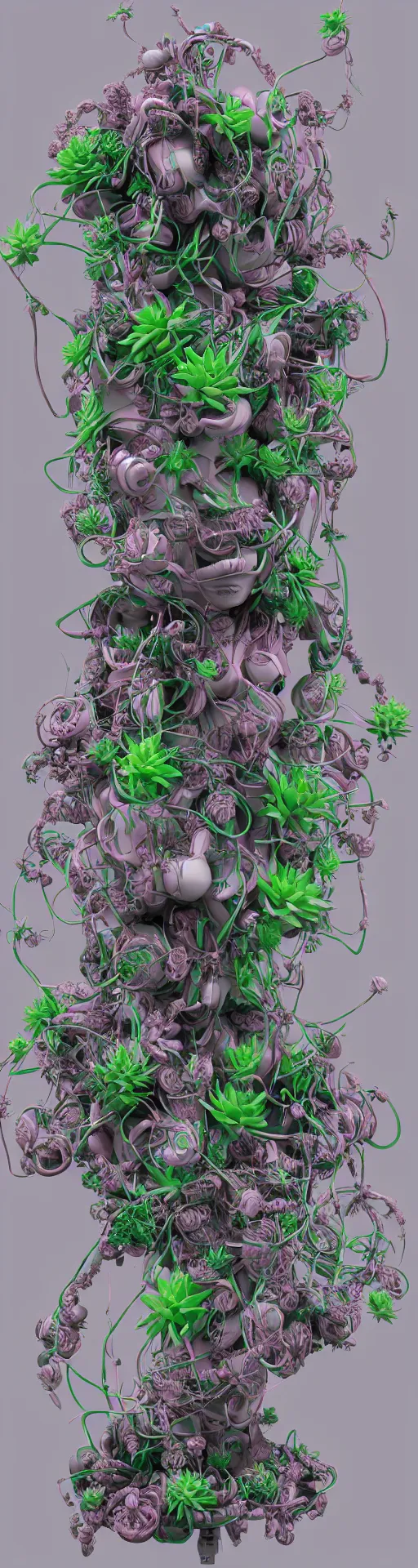 Prompt: epic 3 d abstract model, masks on wires, 1 6 mm, silver plasma melting into asymmetrical pink succulents and reaction diffusion, thick cables whipping around, houdini sidefx, pixiv trending, by jamie hewlett and hideo kojima