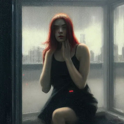 Prompt: detailed portrait of a woman, moment, cyberpunk cloisters, electronic billboards, tech noir, wet reflections, atmospheric, ambient, livia prima, greg rutkowski, edward hopper